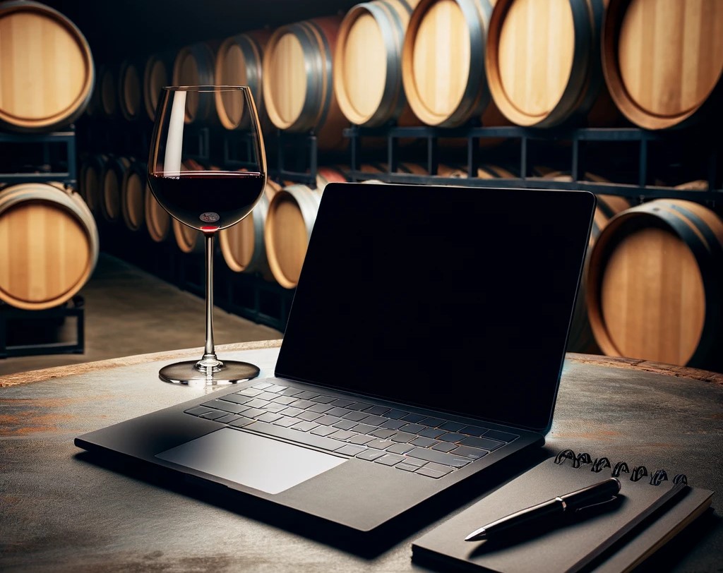 un ordinateur, un verre de vin rouge, un bloc note avec stylo sont posés sur une table dans un chai